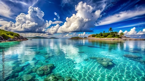 A stunning tropical landscape with crystal clear waters  fluffy clouds  and lush greenery under a bright blue sky