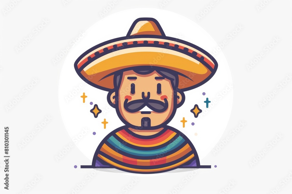 Vibrant illustration of a smiling mexican man wearing a colorful sombrero and poncho, with decorative stars, encapsulating cultural attire Vibrant illustration of a smiling mexican man wearing a colorful sombrero and poncho, with decorative stars, encapsulating cultural attire