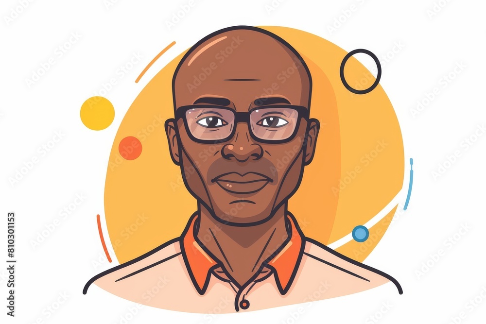 Colorful digital illustration featuring a bald african man wearing glasses, with bold lines and abstract background elements