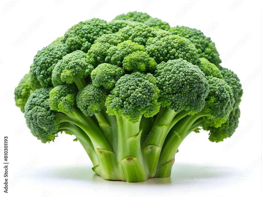 A single fresh broccoli head with lush green florets isolated on a white background for a clean, minimalist look A single fresh broccoli head with lush green florets isolated on a white background for a clean, minimalist look