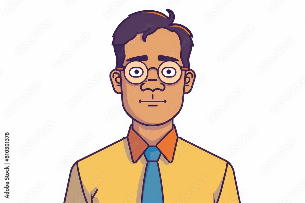 Cartoon businessman with a skeptical expression, raised eyebrow, glasses, and formal attire against a clean background Cartoon businessman with a skeptical expression, raised eyebrow, glasses, and formal attire against a clean background