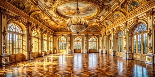 An extravagant ballroom with elaborate gold ornamentation and a majestic chandelier reflects wealth and royal taste