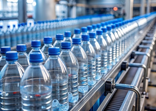 A modern water bottling plant featuring a conveyor belt with rows of filled plastic bottles depicting industry and automation
