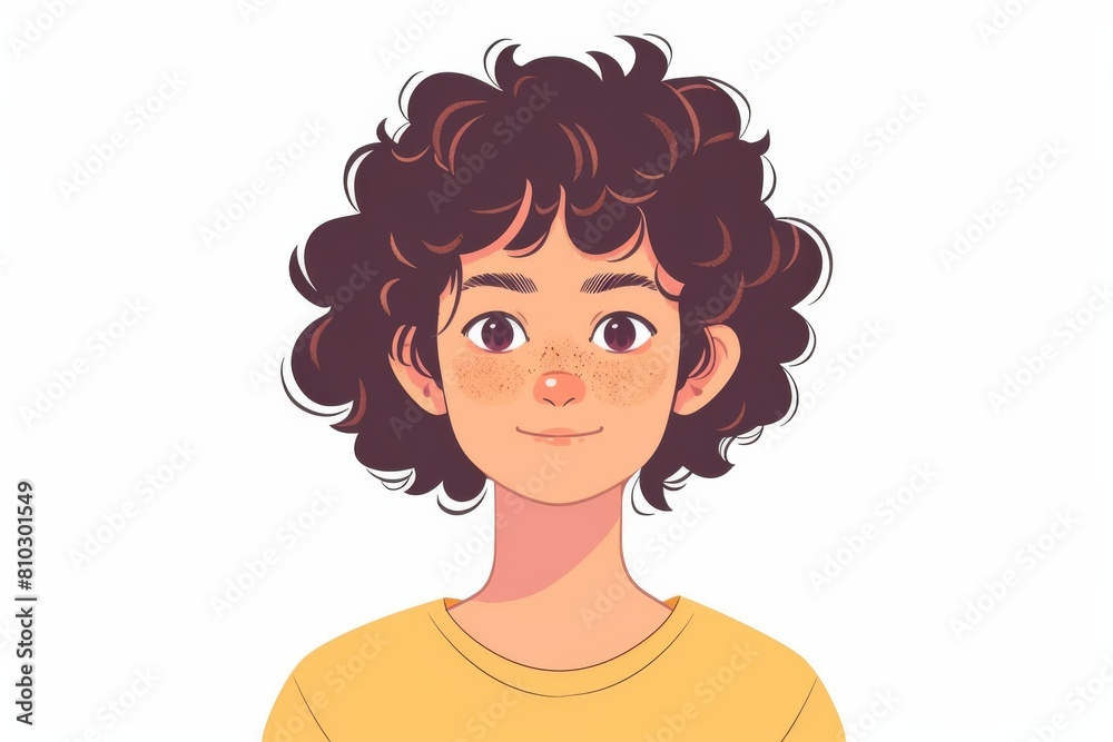 Cheerful cartoon boy with curly hair, freckles, and a yellow shirt in a digital illustration, ideal for kids' content and designs