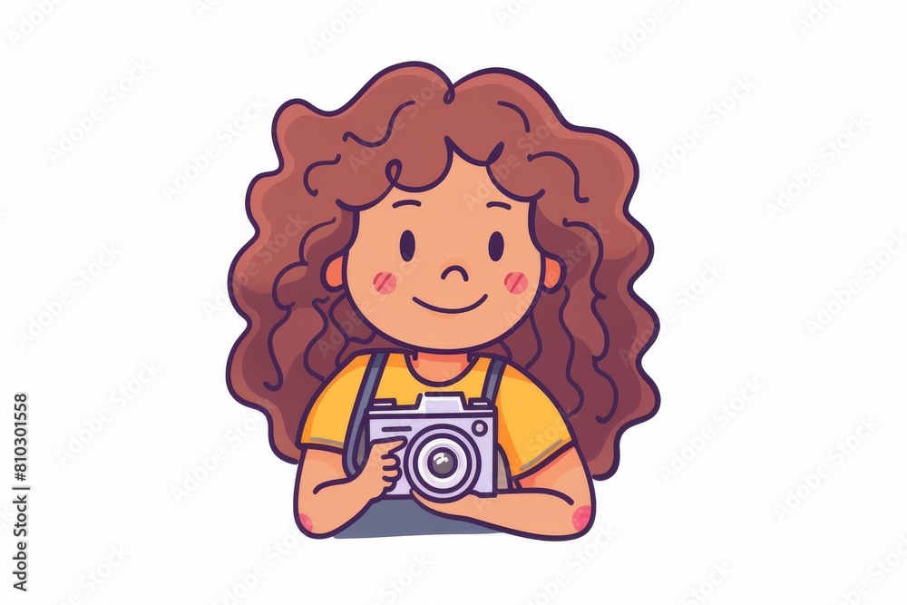 Smiling female cartoon character with curly hair holding a vintage camera in vector illustration, ideal for creative projects