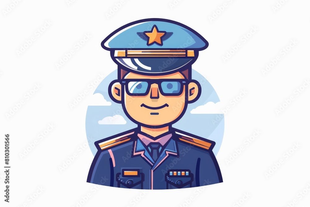 Digital security concept and design featuring a cartoon police officer with sunglasses, uniform, and hat illustration Digital security concept and design featuring a cartoon police officer with sunglasses, uniform, and hat illustration