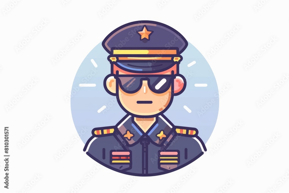 Illustration of a cheerful cartoon police officer in sunglasses and uniform with a star badge, representing authority and safety