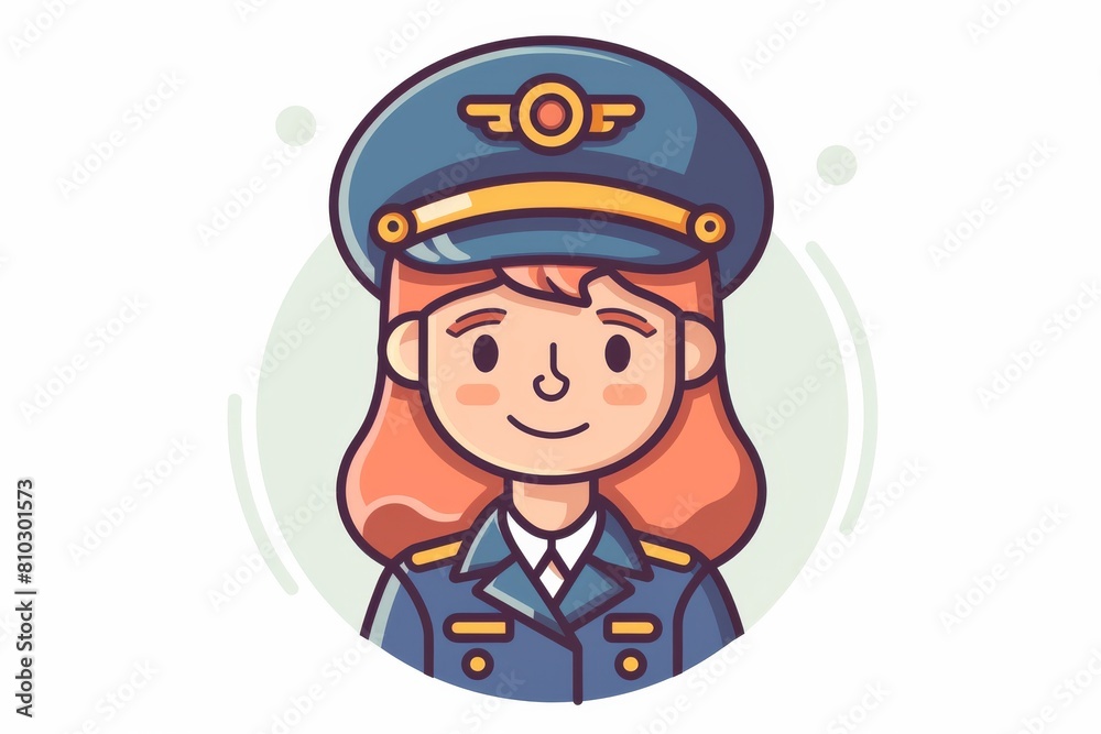 Colorful illustration of a happy female pilot wearing a professional uniform and cap, representing aviation careers with a friendly vibe Colorful illustration of a happy female pilot wearing a professional uniform and cap, representing aviation careers with a friendly vibe