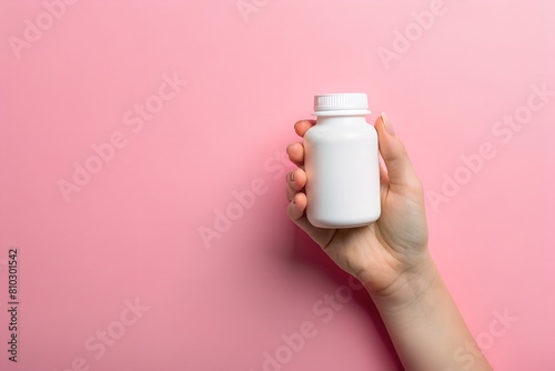 A person's hand holding a sealed white plastic pill bottle against a solid pink background, emphasizing health and hygiene