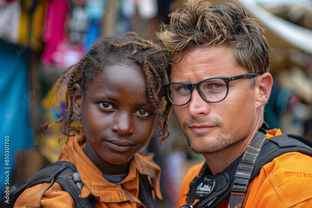 A man in an orange jacket poses with an African girl in similar colored clothing at a market with blurred background A man in an orange jacket poses with an African girl in similar colored clothing at a market with blurred background