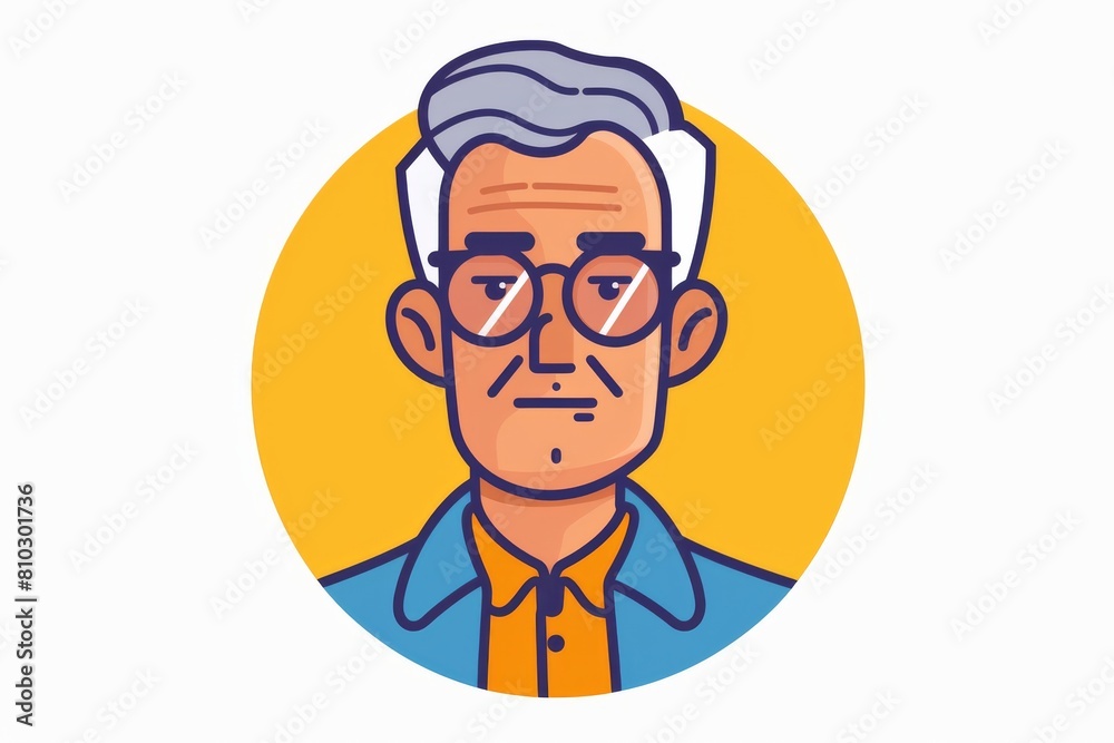 Cartoon illustration of a serious senior man with gray hair, glasses, and a detailed expression, set against a yellow background