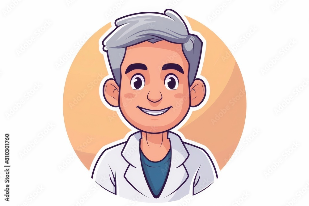 Welcoming cartoon doctor in a white coat and grey hair smiling against a soothing gradient background, ideal for medical concepts