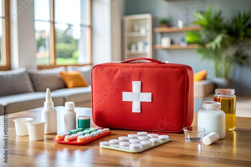 A red first aid kit surrounded by assorted medications and medical supplies on a modern wooden table photo