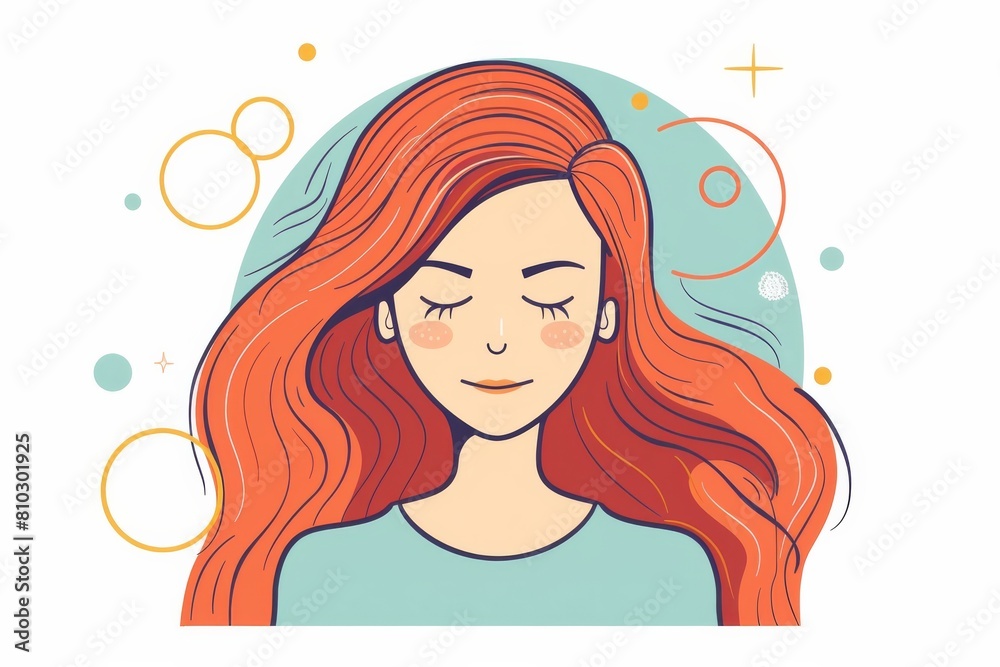 Artistic illustration of a serene redhead woman with closed eyes, surrounded by colorful abstract circles and decorative elements Artistic illustration of a serene redhead woman with closed eyes, surrounded by colorful abstract circles and decorative elements