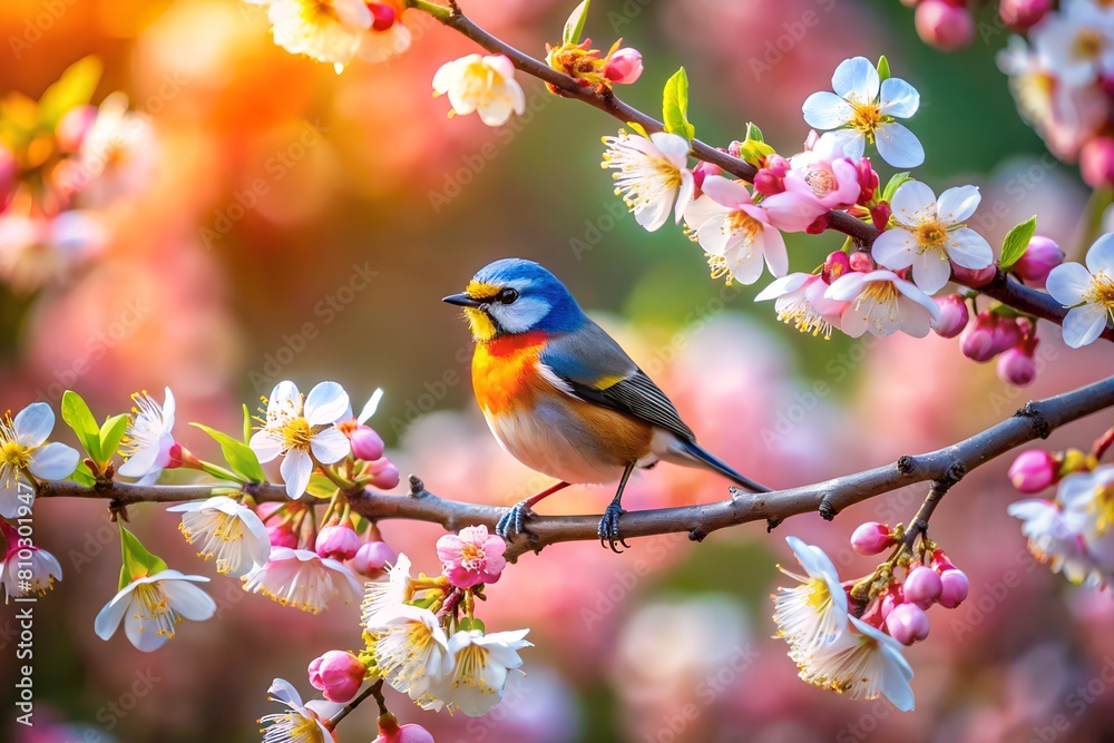 A colorful bird perched on a cherry blossom branch amid vibrant pink flowers A colorful bird perched on a cherry blossom branch amid vibrant pink flowers
