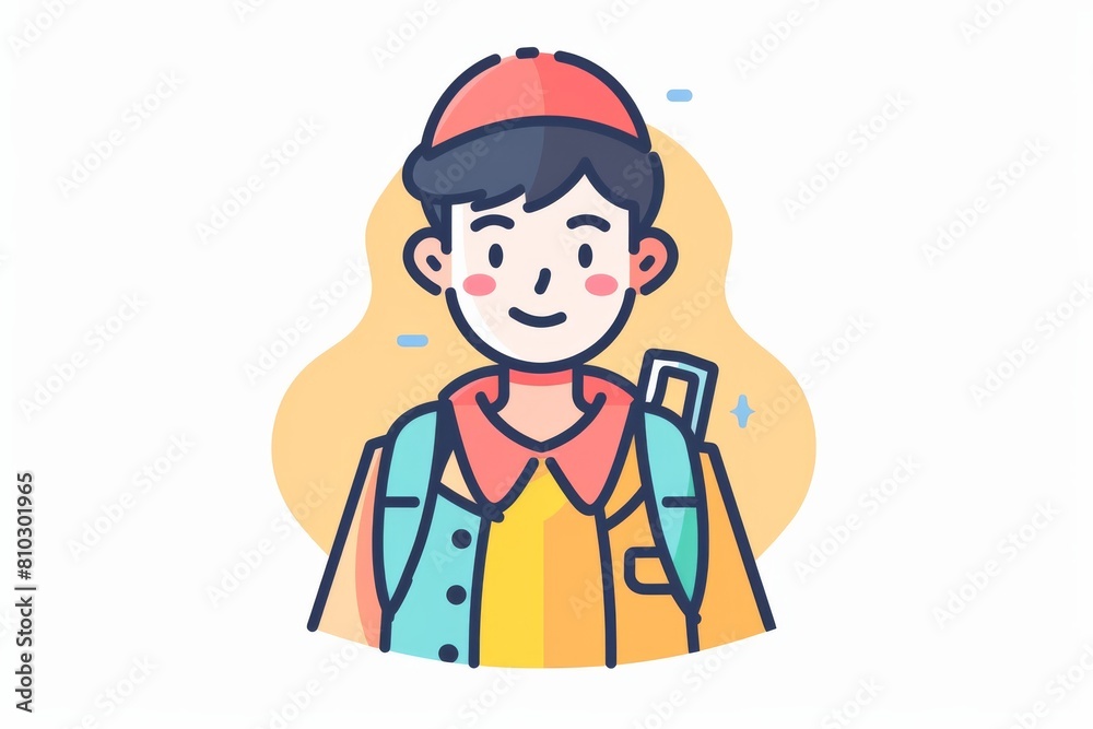 Cheerful illustration of a young student in a cap, with a backpack, and a notebook, radiating positivity and preparedness Cheerful illustration of a young student in a cap, with a backpack, and a notebook, radiating positivity and preparedness