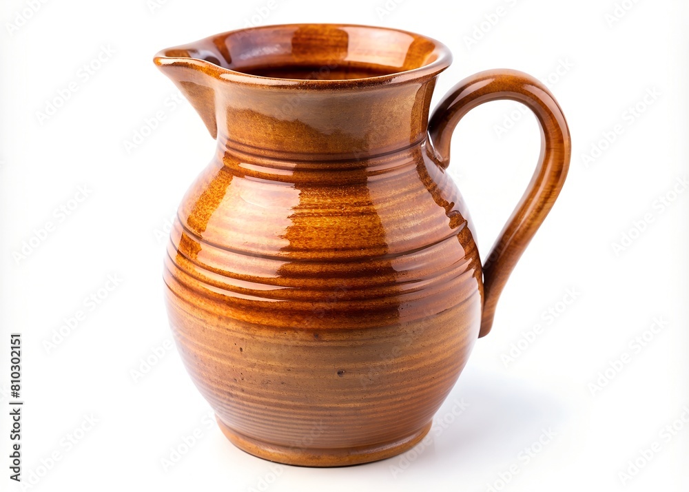 A traditional brown ceramic pitcher is centered on a pristine white backdrop A traditional brown ceramic pitcher is centered on a pristine white backdrop