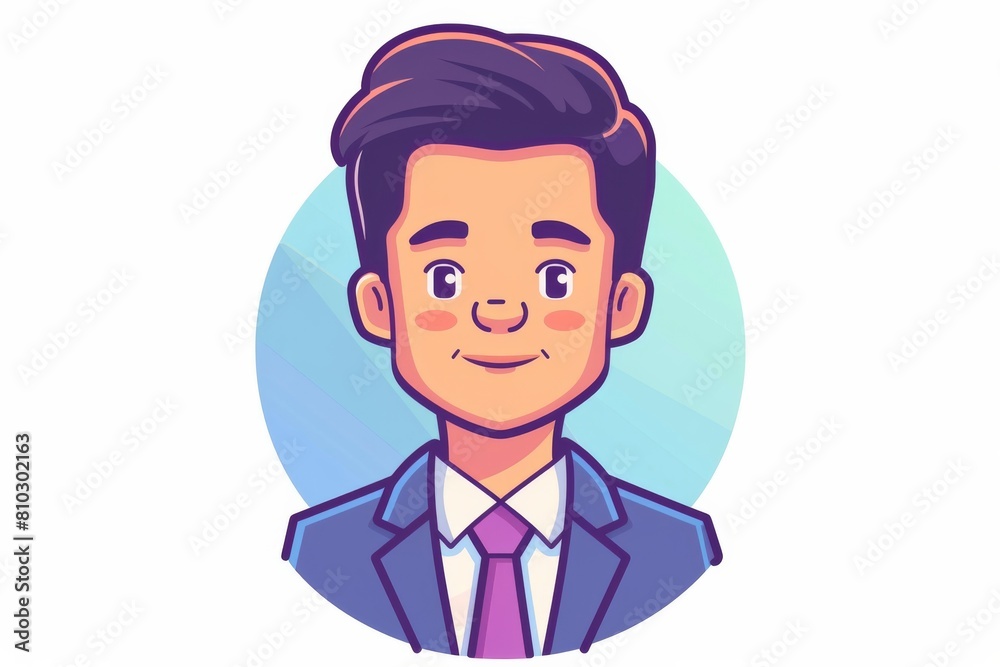 Vibrant depiction of a cheerful young businessman cartoon character with a trendy haircut and sharp suit, ideal for corporate branding purposes