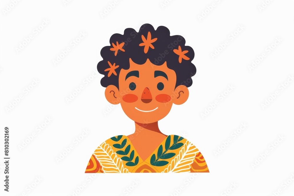 Vector illustration of a joyful cartoon kid with curly hair adorned with flowers, sporting a colorful patterned top Vector illustration of a joyful cartoon kid with curly hair adorned with flowers, sporting a colorful patterned top