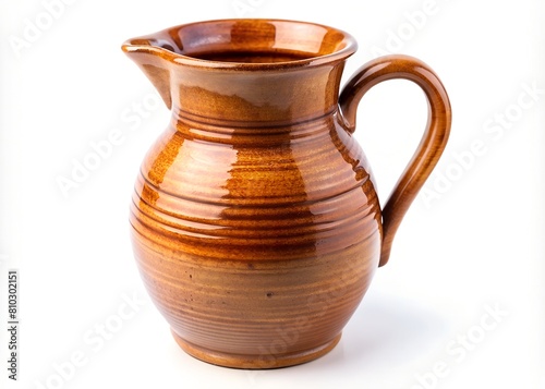 A traditional brown ceramic pitcher is centered on a pristine white backdrop
