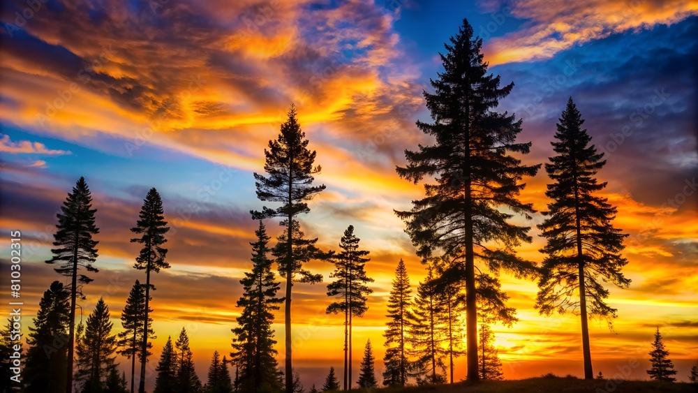 Fototapeta premium Stunning image captures vivid sunset with radiant clouds silhouetted by tall coniferous trees on a hill