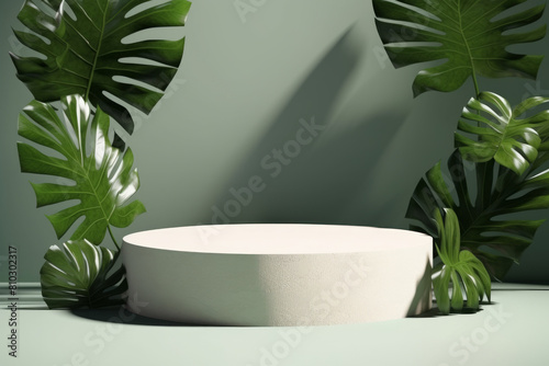 Abstract rock podium pedestal mockup with tropical green leaves shadow, copy space for product photography