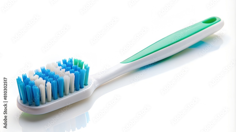 Close-up image of a toothbrush with white and blue bristles on a clean, bright white background Close-up image of a toothbrush with white and blue bristles on a clean, bright white background