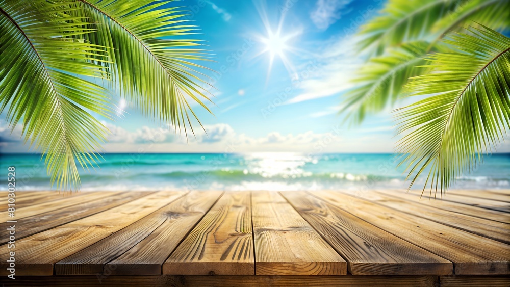 A serene beachscape with the sun gleaming over the sea, framed by palm leaves and wooden planks in the foreground A serene beachscape with the sun gleaming over the sea, framed by palm leaves and wooden planks in the foreground