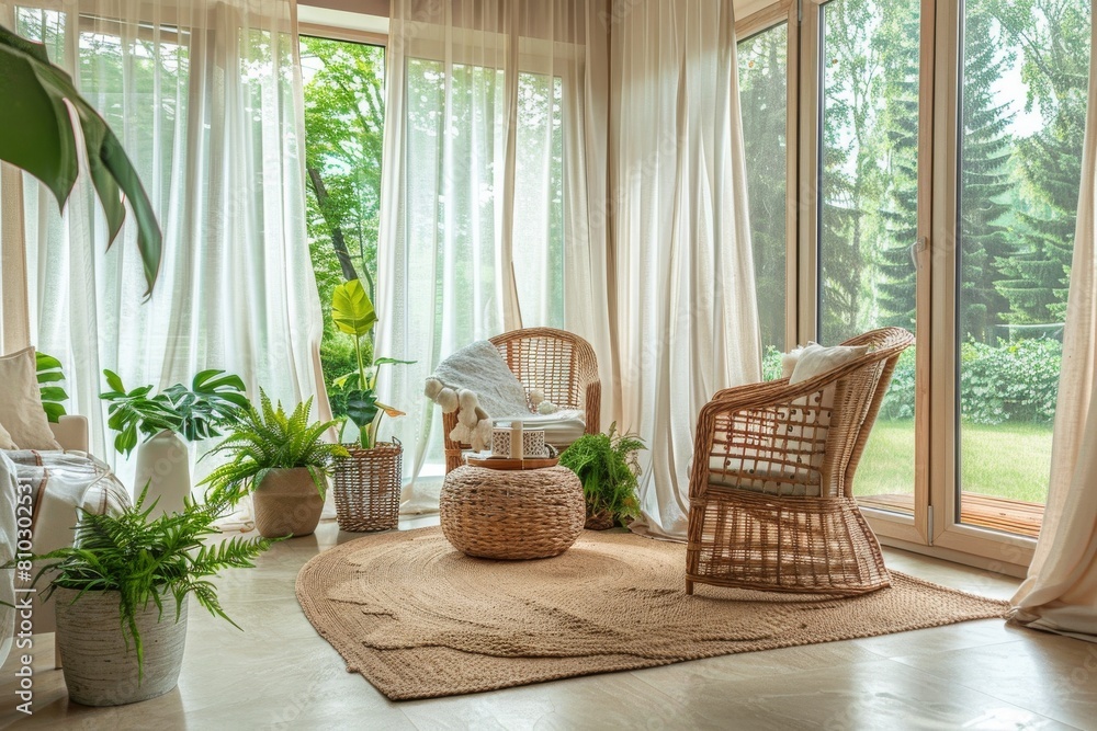 Tranquil reading nook featuring a cozy wicker chair nestled among vibrant foliage, illuminated by floor-to-ceiling windows