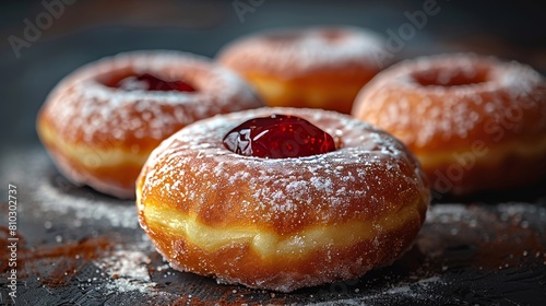 Delicious jelly filled donut on a dark background to highlight the soft shape of the sweet treat. 