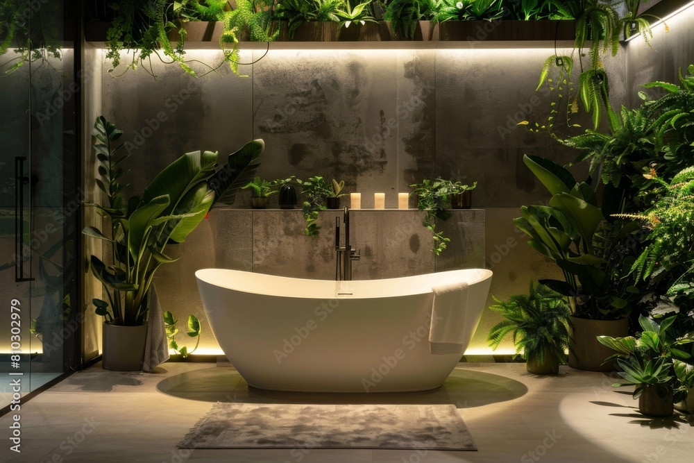 Elegant modern bathroom featuring a freestanding bathtub surrounded by lush green plants and subtle lighting for a tranquil spa ambiance Elegant modern bathroom featuring a freestanding bathtub surrounded by lush green plants and subtle lighting for a tranquil spa ambiance