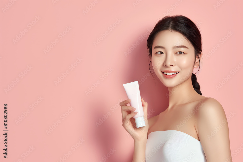 Beautiful perfect skin Korean woman holding a tube of face cream for a commercial on light pastel background, cosmetic mock up Beautiful perfect skin Korean woman holding a tube of face cream for a commercial on light pastel background, cosmetic mock up