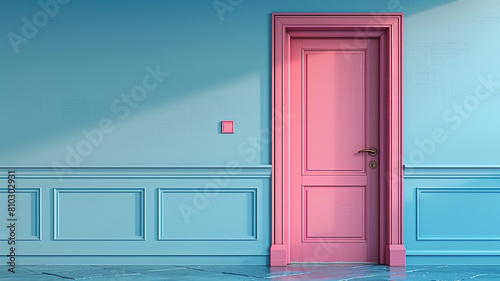 Pink door isolated on a blue background.