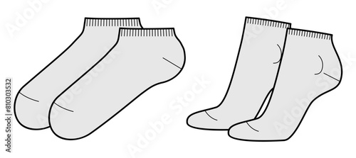 Sneaker Socks length set. Fashion hosiery accessory clothing technical illustration stocking. Vector front, side view for Men, women style, flat template CAD mockup sketch outline on white background