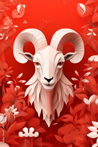 Vibrant paper art of a Goat, Chinese Goat year, greeting card, paper art illustration, red color © fahrwasser