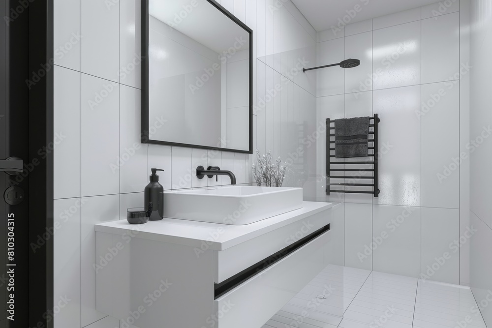 Sleek minimalist bathroom with white tiled walls, a modern basin, black fixtures, and a mirror in a stylish home Sleek minimalist bathroom with white tiled walls, a modern basin, black fixtures, and a mirror in a stylish home