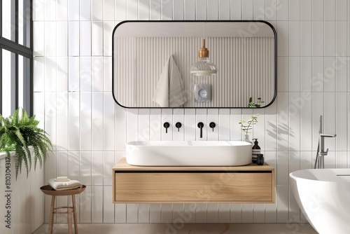 Stylish contemporary bathroom with white tiles  wooden vanity  vessel sink  large mirror  and green plant decor basking in sunlight