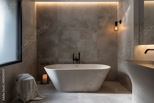 Modern bathroom with a chic freestanding tub, textured walls, and cozy lighting, for a tranquil and opulent spa-like ambiance in a home