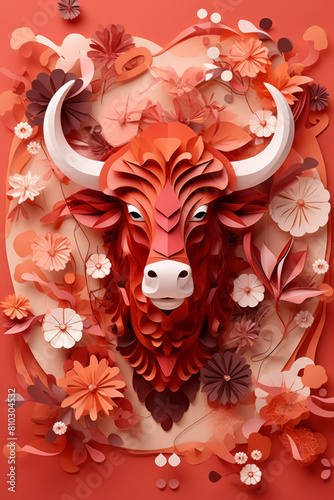 Vibrant paper art of an Ox  Chinese Ox year  greeting card  paper art illustration  red color