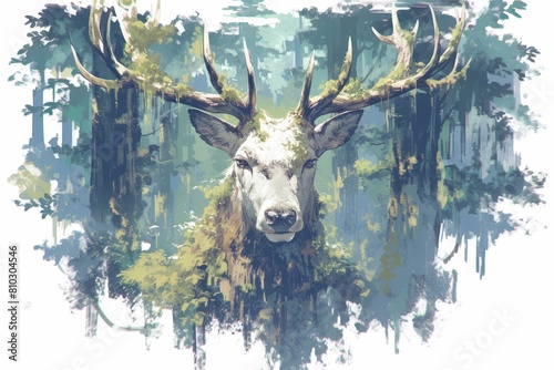 A deer with moss growing on its antlers stands in the forest  surrounded by trees and foliage. The design incorporates green tones to create an enchanting atmosphere. 