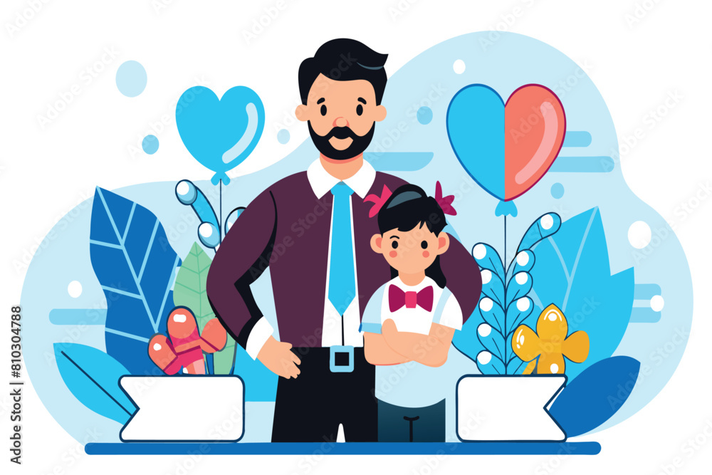A smiling dad hugs his shy daughter amidst birthday decorations A smiling dad hugs his shy daughter amidst birthday decorations