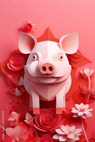 Vibrant paper art of a pig, Chinese pig year, greeting card, paper art illustration, red color