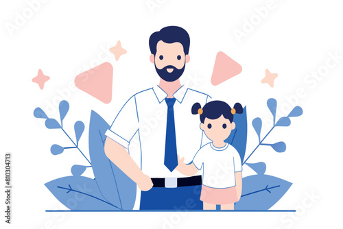Smiling bearded father holding his little daughters hand with decorative plants around them