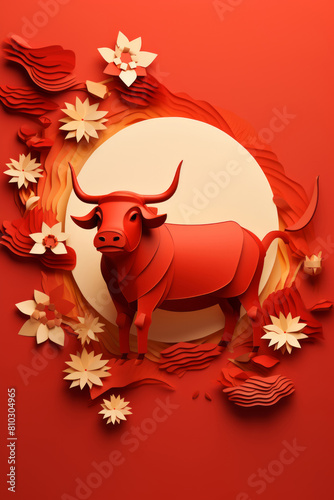 Vibrant paper art of an Ox, Chinese Ox year, greeting card, paper art illustration, red color © fahrwasser