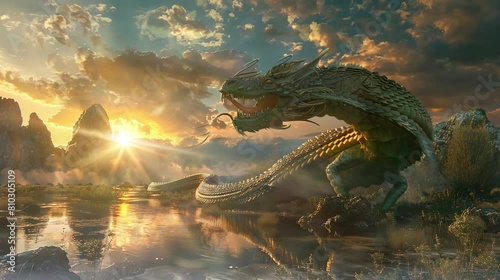
The dragon snake that appears at the same time as the sunrise is very beautiful. seamless looping time-lapse virtual 4K video Animation Background. photo