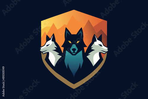 Stylized emblem featuring three wolves in front of mountain peaks