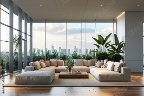 Modern living room interior with panoramic city skyline view and comfortable furnishings in a spacious and luxurious setting © ChaoticMind