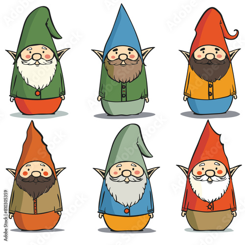 Six cartoon gnomes arranged rows, unique colored outfits hats. Gnomes display cheerful expressions, long beards, pointy ears, gnome stands isolated white background simple shading clean lines
