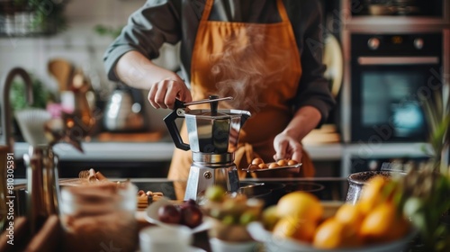 Woman make a coffee in moka pot in kitchen photo