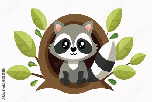 Animated raccoon with big eyes inside a tree hollow, encircled by green foliage